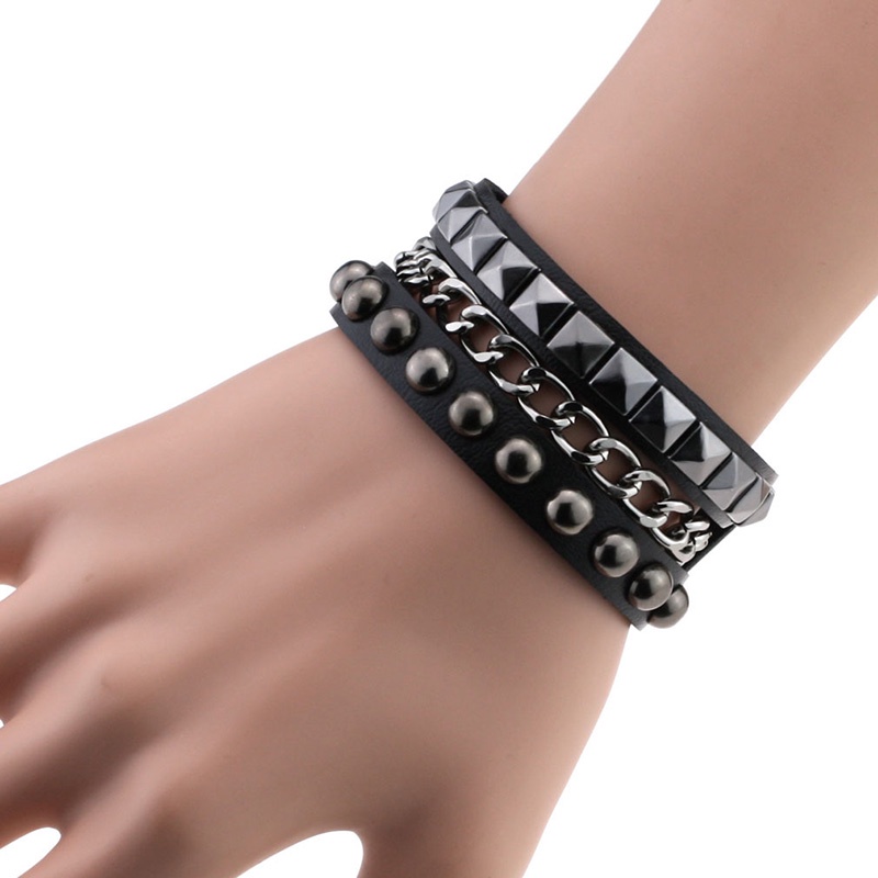 # Kaos T-Shirt Wanita Lengan Pendek Motif Print #Gelang Multilayer Bahan Kulit Aksen Rivet Gaya Gothic Punk