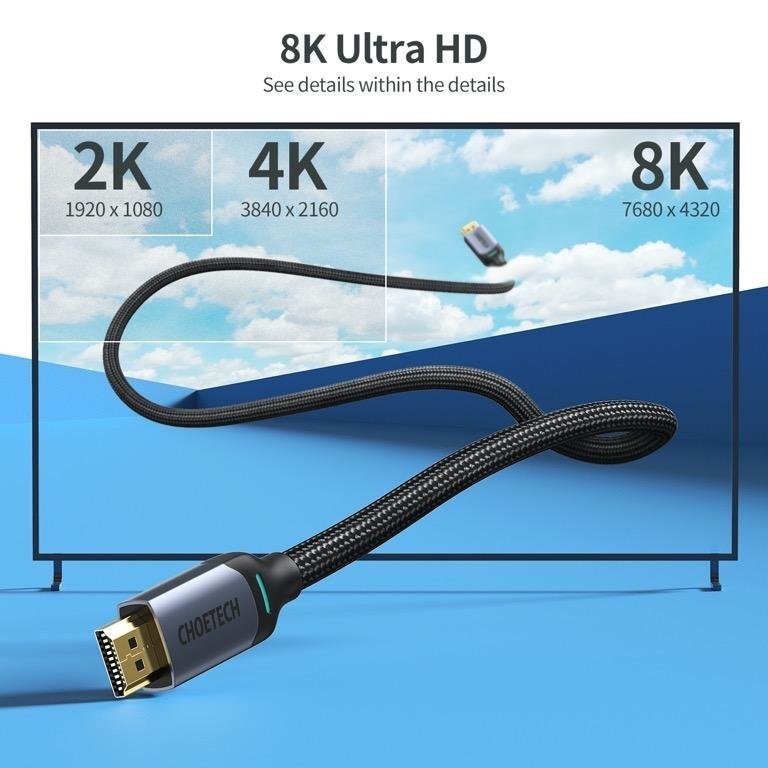 CHOETECH Kabel HDMI ke HDMI 2.1 Gold Plated 8K 60Hz 2 Meter - XHH01 - Black