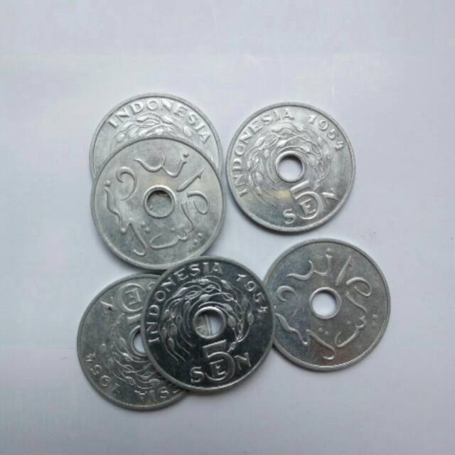 Uang kuno koin 5 sen bolong almunium kondisi bagus asli