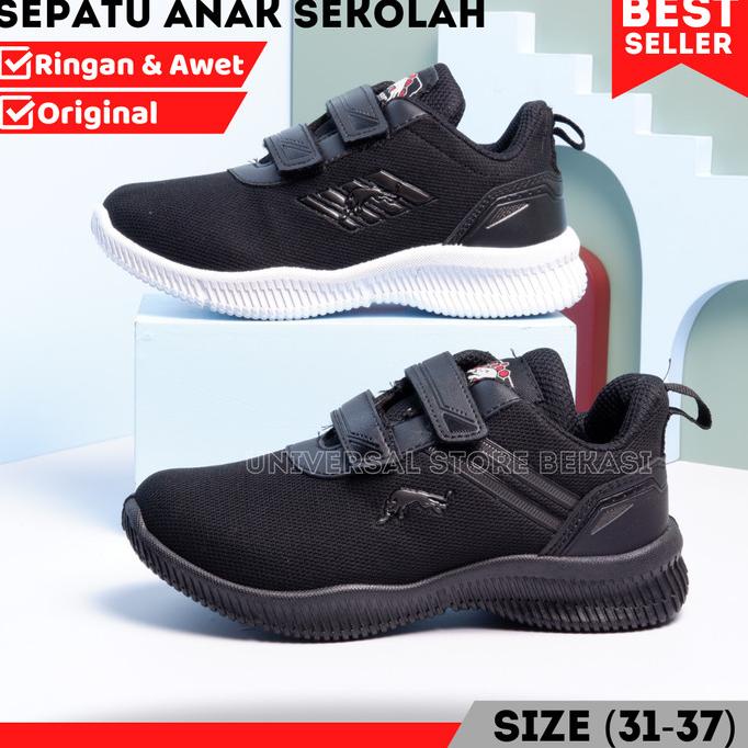 Sepatu Anak Sekolah Laki Perempuan TK SD Jaguar Pro ATT Hitam Polos