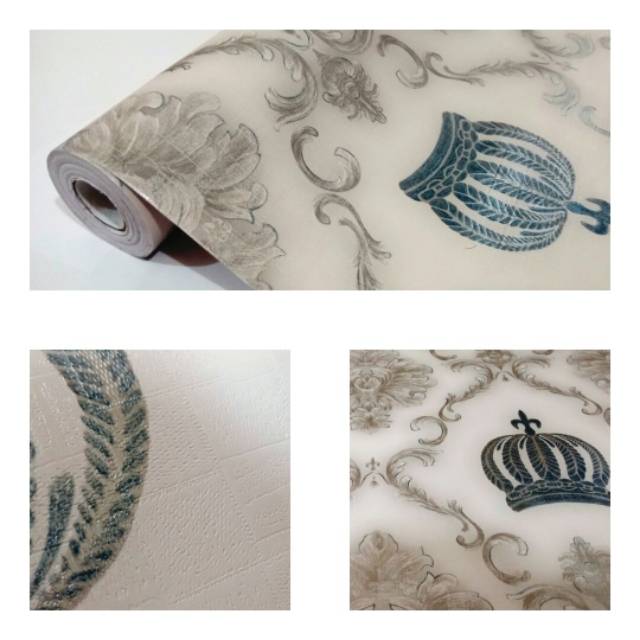 Wallpaper stiker dinding murah putih crem batik mahkota biru elegan cantik bagus
