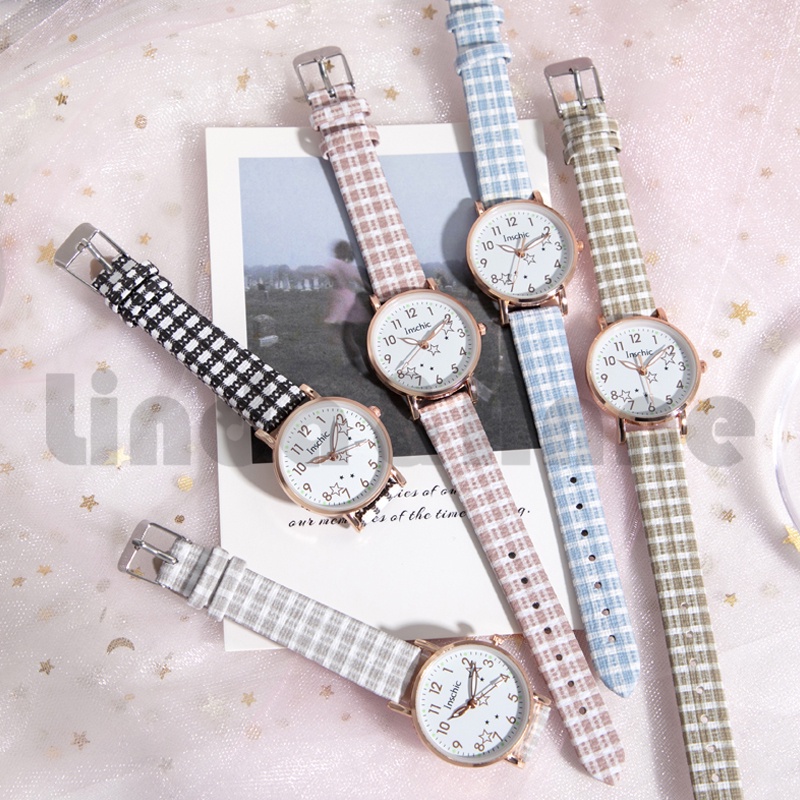 Jam Tangan Analog Wanita Strap Pu Kotak-Kotak Motif Bintang Aksespris Fashion