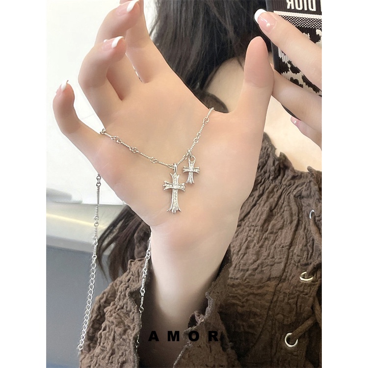 Kalung Rantai Silver Wanita Model Silang Ganda Untuk Musim Gugur / Dingin