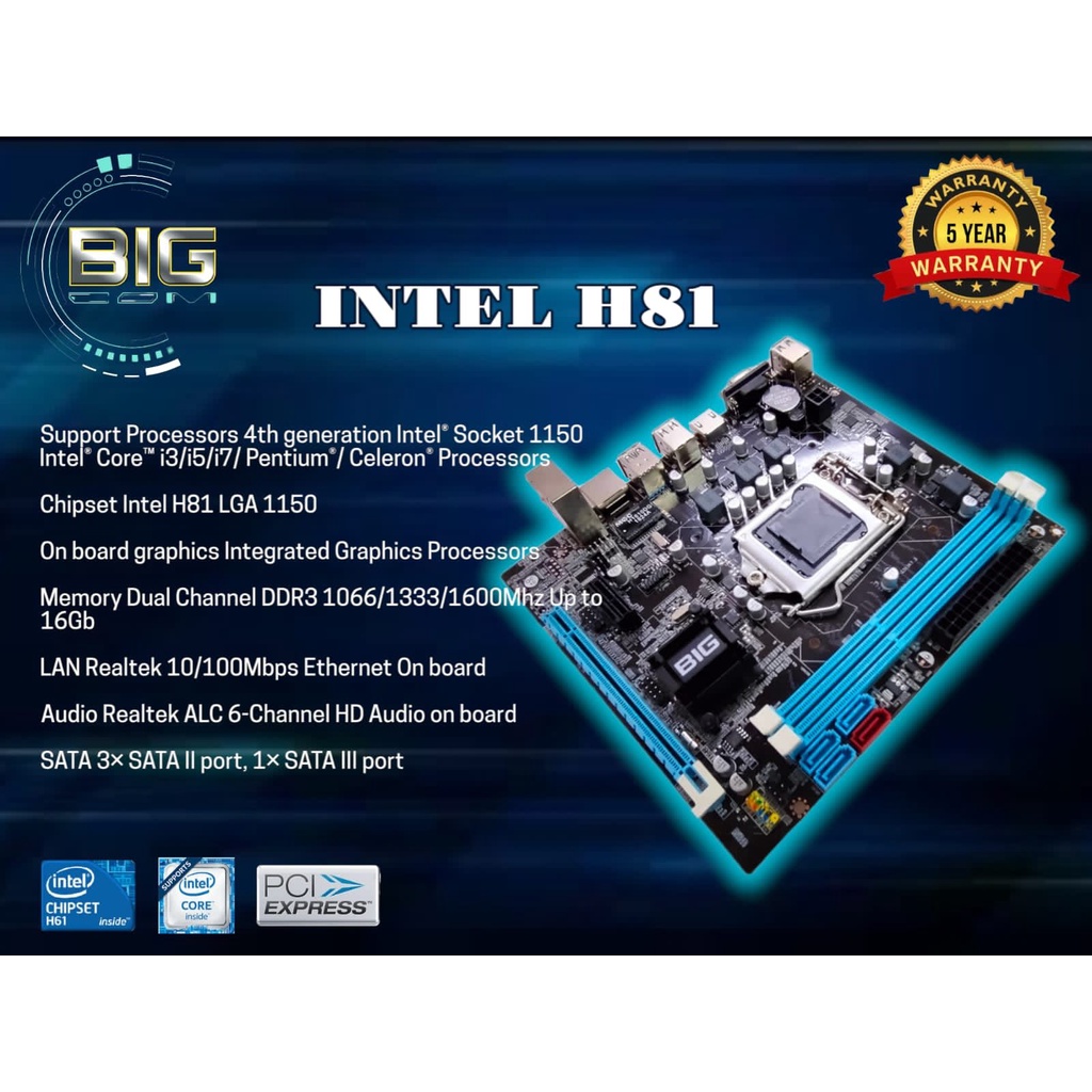 Termurah H81 BIGCOM Motherboard ( Lga 1150 ) Support Proc Generasi 4