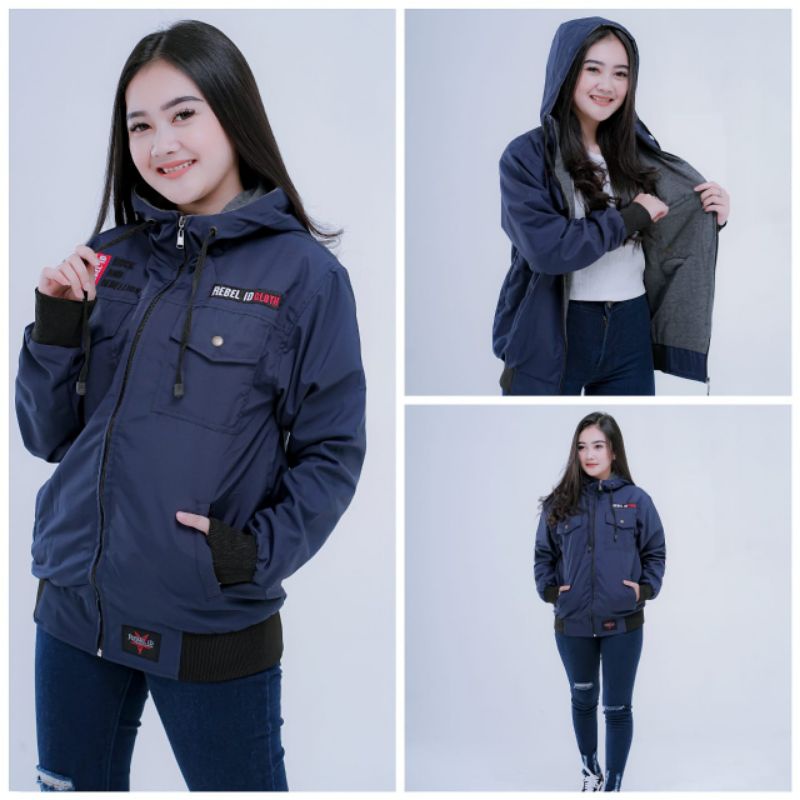 JAKET PARKA WANITA SEMI PARKA CEWEK BLAZER WATERPROOF ORIGINAL REBEL ID - SANDANGMAS MULYA-Semi Parka Navy