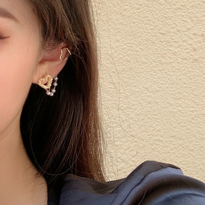 Anting Stud Klip Tulang Telinga S925 silver needle Model Rantai Mutiara Hati Rongga