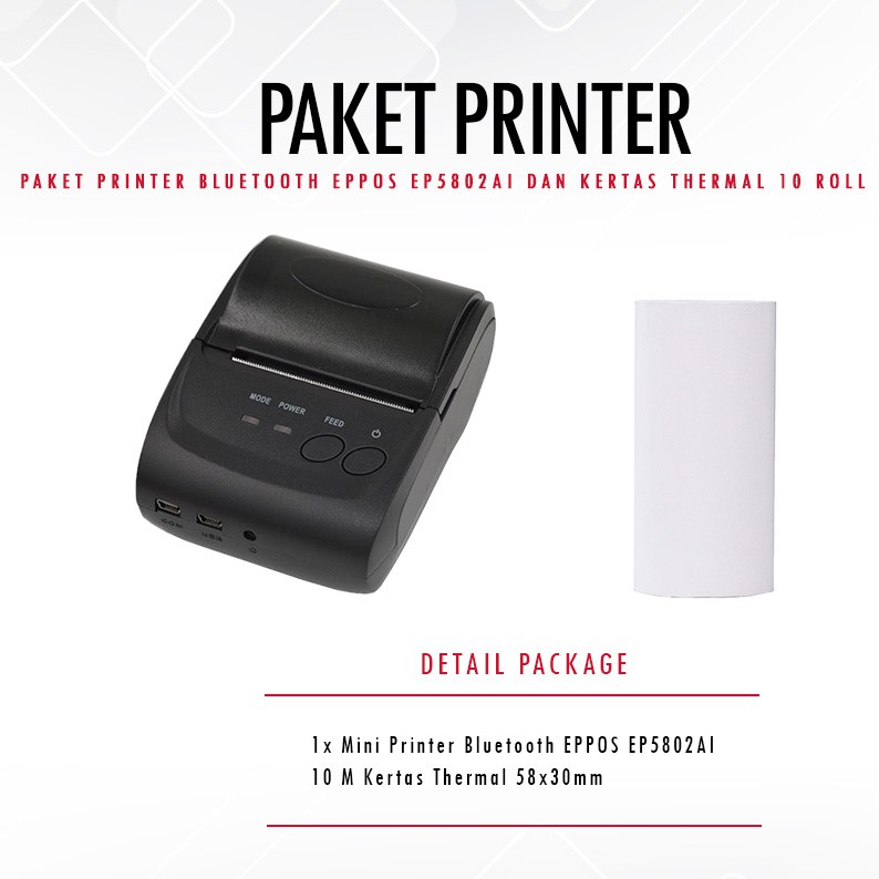 PAKET PRINTER BLUETOOTH EPPOS EP5802AI DAN KERTAS THERMAL 10 ROLL