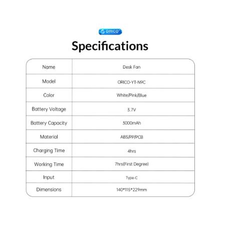 Oscillating desk fan orico auto swing rechargeable type-c 3 speed  3000mahyt-n9c - kipas angin meja