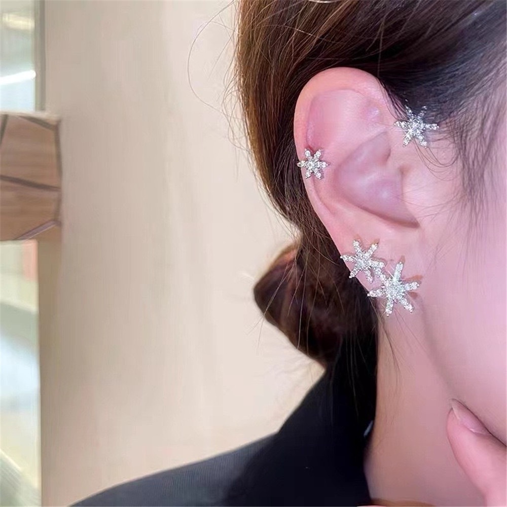 1pcs Korea Fashion Perak Mengkilap non-berlubang Kepingan Salju Berlian Imitasi Perak Anting Klip Telinga untuk Wanita