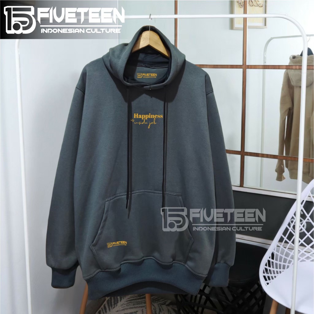 jaket distro original brand 15fifteen15 warna abu paralon sablon happines is inside job suwiter pria