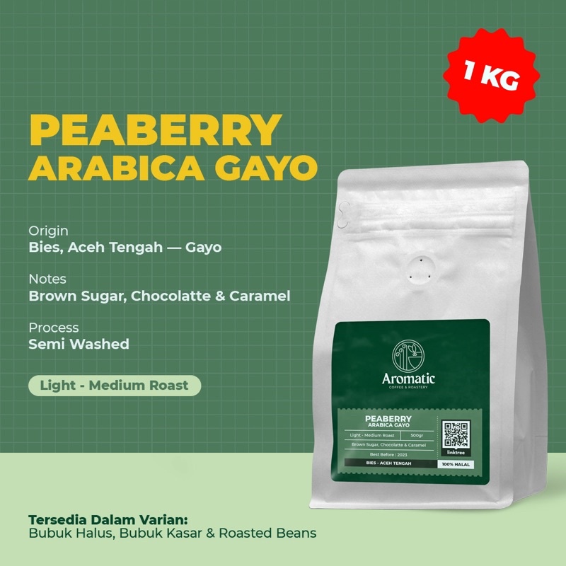 

AROMATIC COFFEE Kopi Peaberry Arabica Gayo (Biji Lanang) 1000 gram / 1 kg (BIJI / BUBUK)