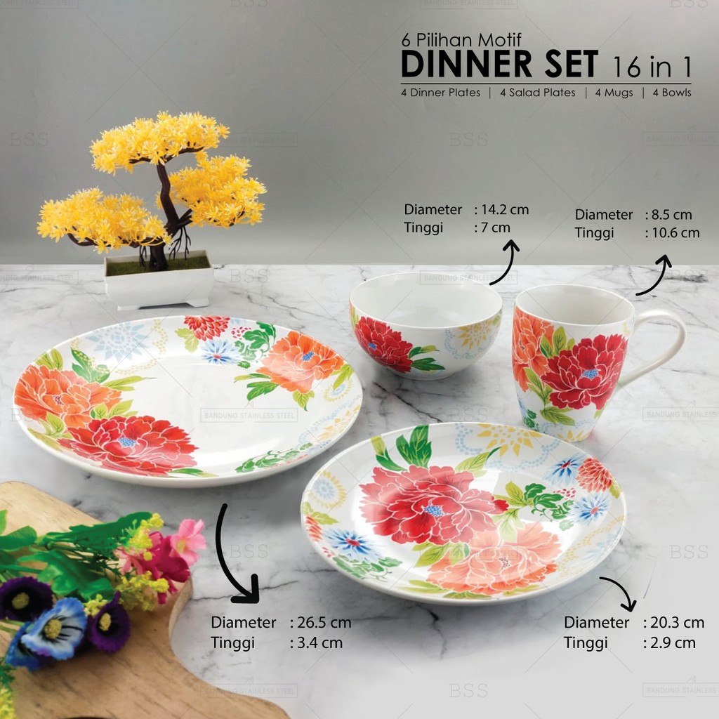 Sango Dinner Set 16 in 1 Pilihan Motif Bunga Warna Floral Melangi Red Agustina Claudette Blue Huang