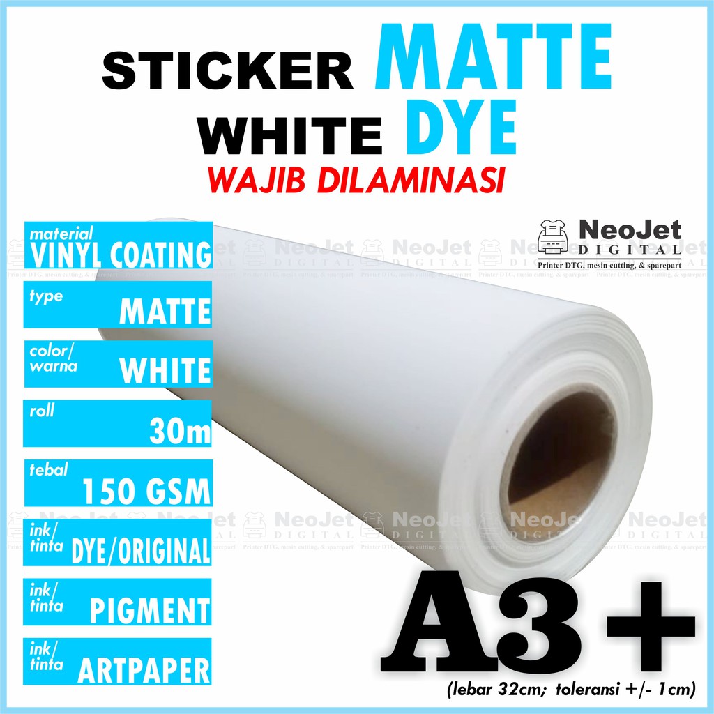

Stiker Sticker Vinyl Matte Inkjet DYE Doff Doft Mate A3+ Putih Matt White
