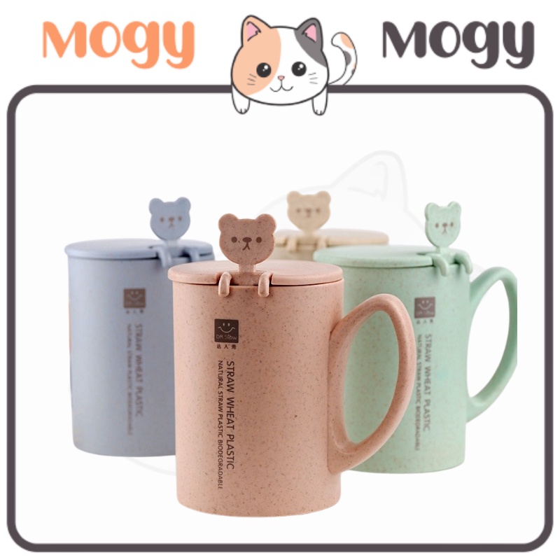 MOGYMOGY HL0345 Gelas Minum Jerami Gandum 400ml Cangkir Set Sendok Karakter Dengan Tutup Mug Straw Wheat Tempat Minum