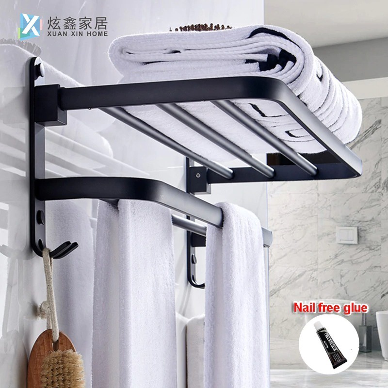 Rak Gantungan Double layer Premium Kamar Mandi Handuk Hitam Bathroom Towel Holder Hook Mur Sekrup