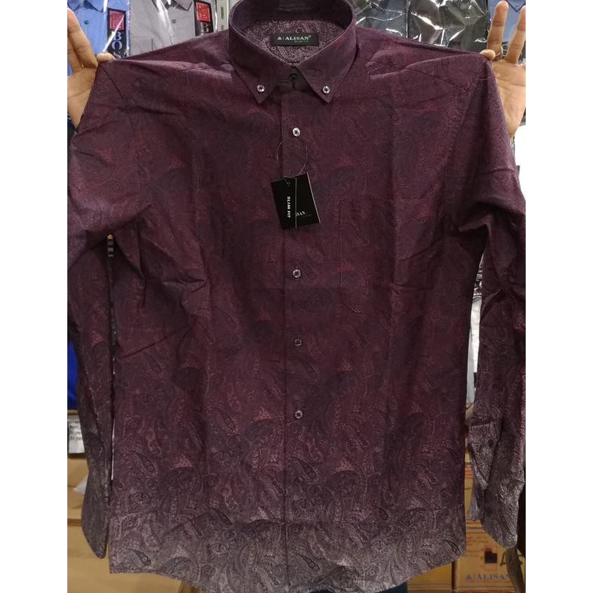 Sale Kemeja Pria Alisan Semi Batik Gradasi Printing Katun Maroon Biru - Maroon, Xl