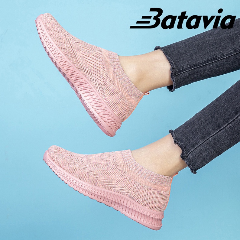 Batavia Merah Jambu sepatu kanvas wanita rajut sepatu wanita sepatu tanpa tali hitam Sepatu Wanita Sport Women Sneakers A117-1