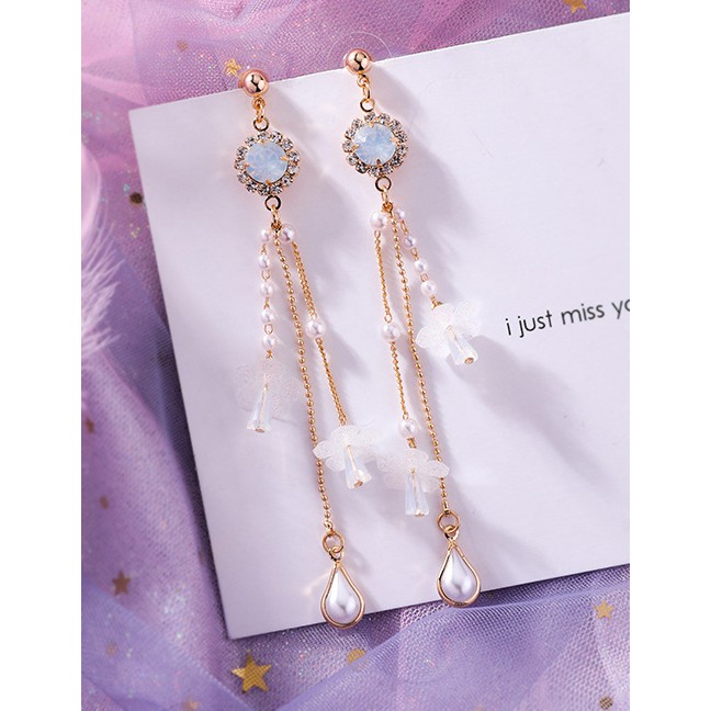 LRC Anting Tusuk Fashion Ring Tassel Needle Sequins Flower Tassel Pearl Crystal Opal Earring F5423X