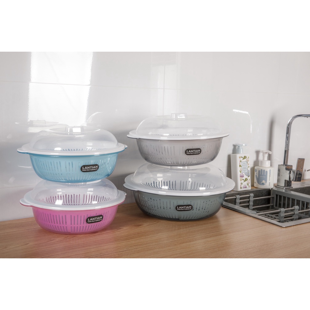 Baskom Lubang Saringan Pencuci buah dan sayuran bulat dengan tutup