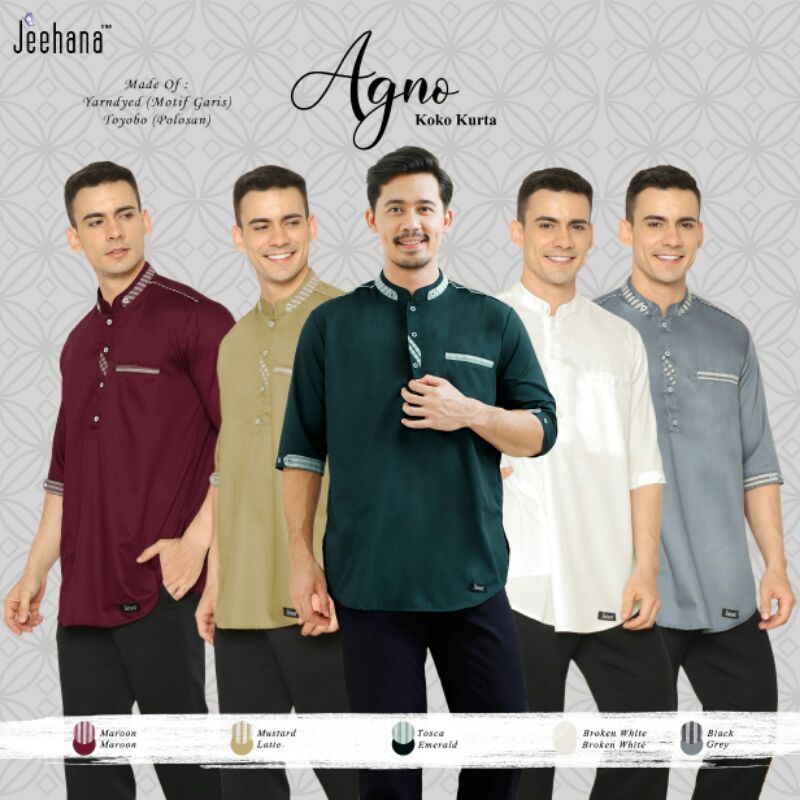 Koko Agno - Agnia / Baju Koko Kurta Muslim Putih BW Bahan Motif Salur Garis / Sarimbit dan Couple Ag