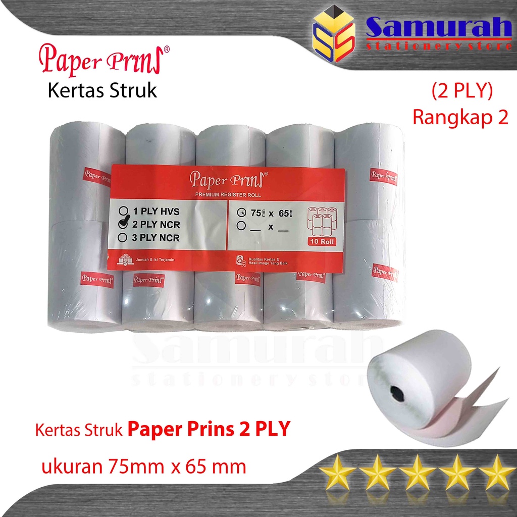 Kertas Struk Kasir Rol PaperPryns 75 x 65 mm 2 Ply NCR/ Kertas Print Roll Paper Prins 75X65 mm 2 Ran