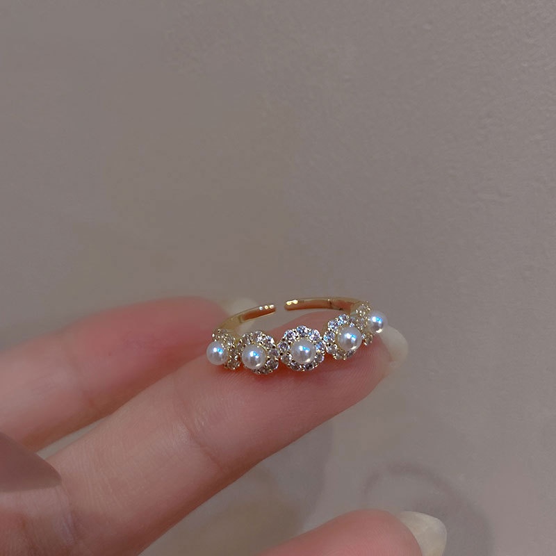 Cincin Berlian Mutiara Double Layer Gaya Retro Perancis