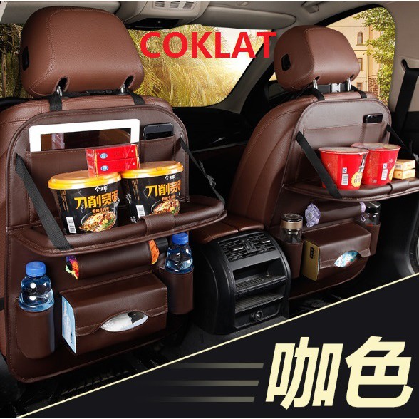 Set Car Seat Organizer Plus Meja Lipat Tas Multi Fungsi Belakang Jok KULIT Premium