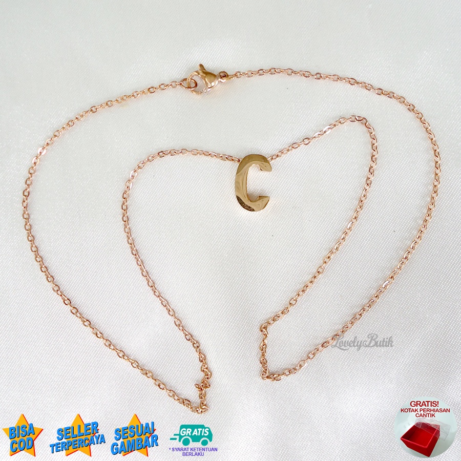 Lovelybutik Kalung Titanium Inisial Abjad Nagita 4ccent Kalung Alfabet Huruf Titanium  C,H,I,J,K Warna Rosegold Bonus Kotak Perhiasan