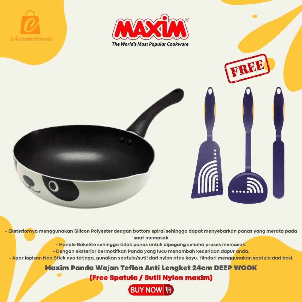 Maxim Panda Wajan Teflon Anti Lengket 24cm Deep Wok ( Free Spatula / Sutil Nylon maxim)