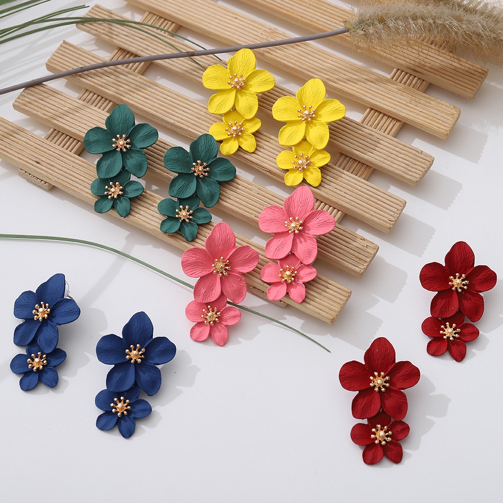 Anting Tusuk Gantung Desain Bunga Ganda Ada 8 Warna Gaya Simple Kreatif Untuk Wanita