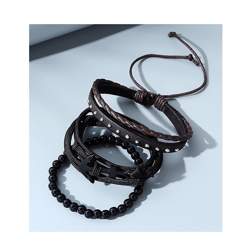 LRC Gelang Tangan Set Fashion Black Beaded Anchor Woven Mens Y65210