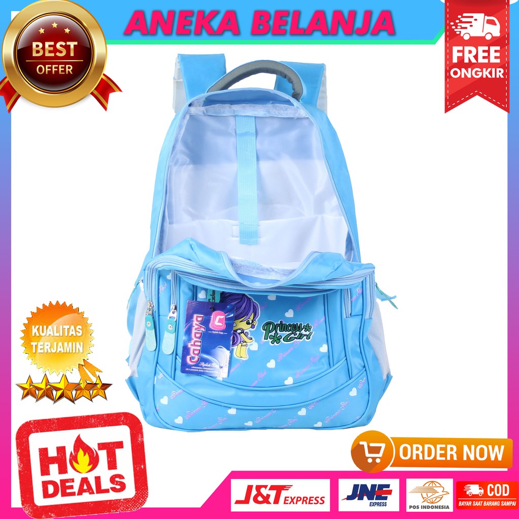 Tas Gendong Cahaya Princess Biru Cewek Ransel Sekolah SD SMP Free Raincover Berkualitas Tas Sekolah