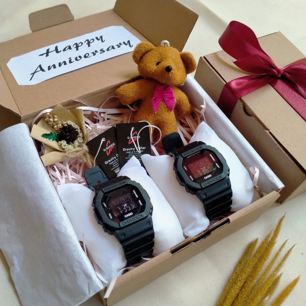 ❤️(PAKET C) GIFTBOX HAMPERS JAM TANGAN COUPLE/SEPASANG sepaket kado ulang tahun spesial buket bunga