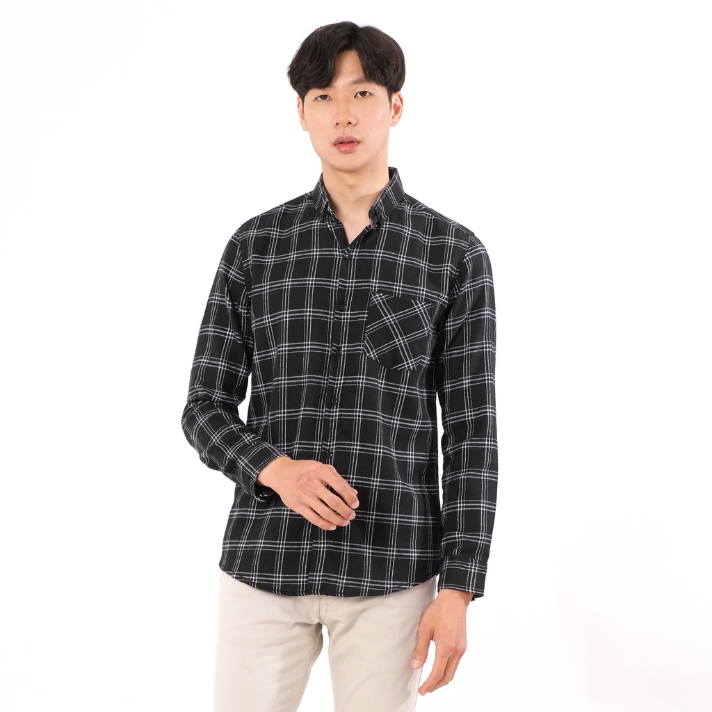 SANVANINA Kemeja Flanel Hitam | Flanel Panjang Premium |Kemeja Flannel Checked Tris Black -  E-8001