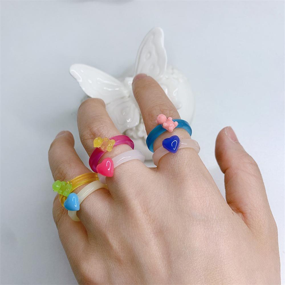 Agustinina Bear Cincin Resin 2pcs/set Gadis Geometris Transparan Manis Untuk Wanita Fashion Jewelry