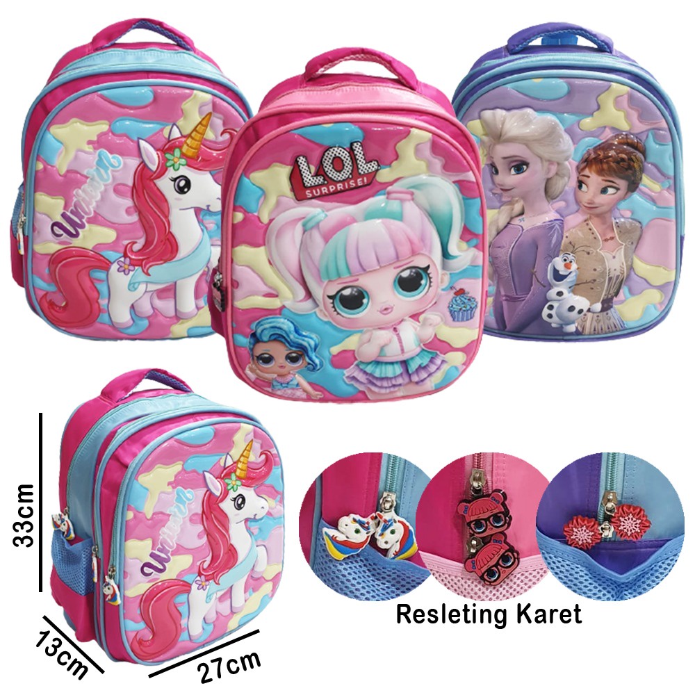 PROMO TTAS RANSEL ANAK SEKOLAH TK PEREMPUAN CANTIK GAMBAR PUTRI SALJU  DAN KUDA PONY TIMBUL GLOSSY 3Resleting IMPORT ( Lily 13&quot; )