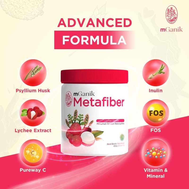 Mganik Metafiber 450 gr gram 1 TUB Jeruk yuzu lychee original M GANIK META FIBER minuman diabetes gula darah kencing manis penurun kolestrol darah tinggi gula darah  original 100% bpom halal mencegah menyembuhkan obat hipertensi