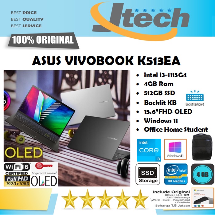 ASUS VIVOBOOK K513EA - i3-1115G4 - 4GB - 512GB SSD - BACKLIT - 15.6&quot;FHD OLED - WIN11 - OFFICE HOME STUDENT