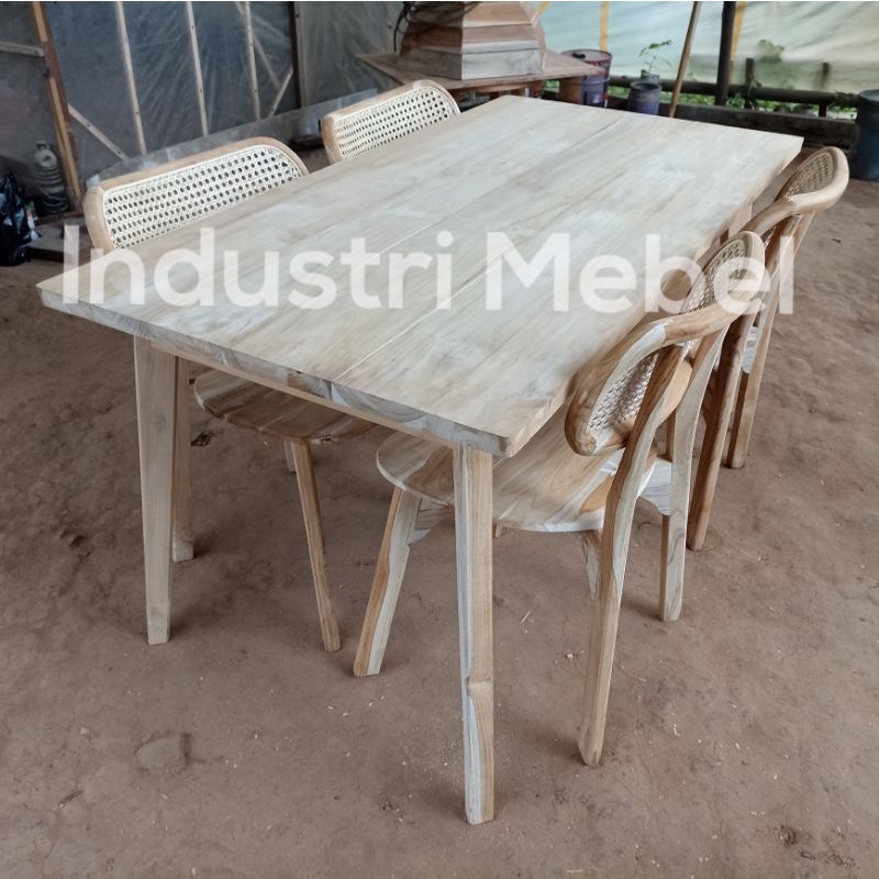 Set Kursi Makan Rotan Harga Murah - Meja Makan Jati Minimalis P 150cm x L 80cm - Kursi Cafe Resto Ka