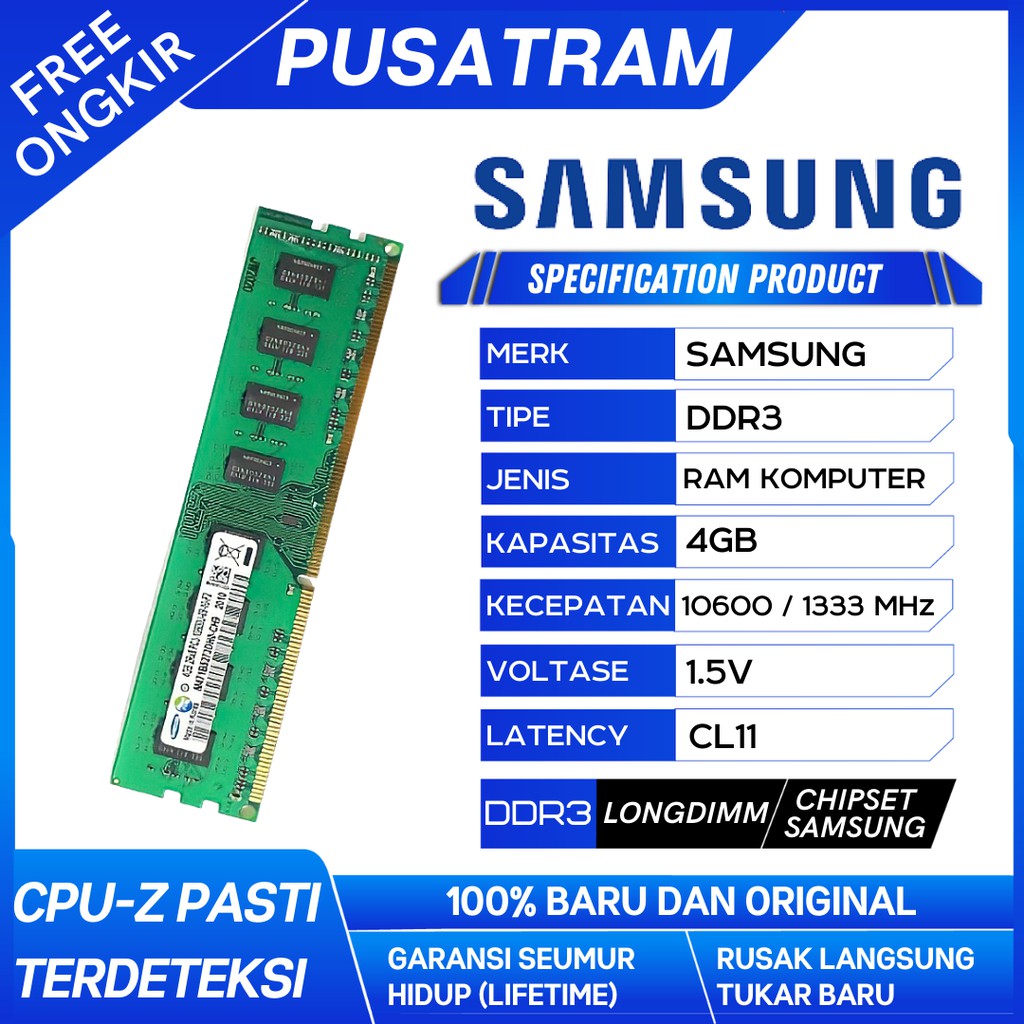 RAM PC SAMSUNG DDR3 4GB 10600 / 1333MHz ORI RAM KOMPUTER RAM PC 1.5v