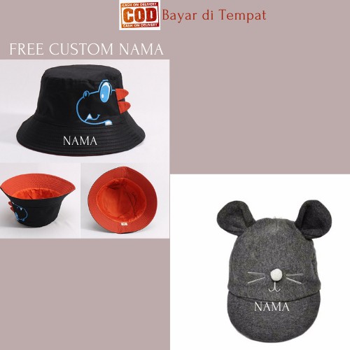 TERMURAH! FREE CUSTOM BORDIR NAMA BUCKET DINO, BUCKET BADAS ANAK &amp; TOPI BAYI KUCING