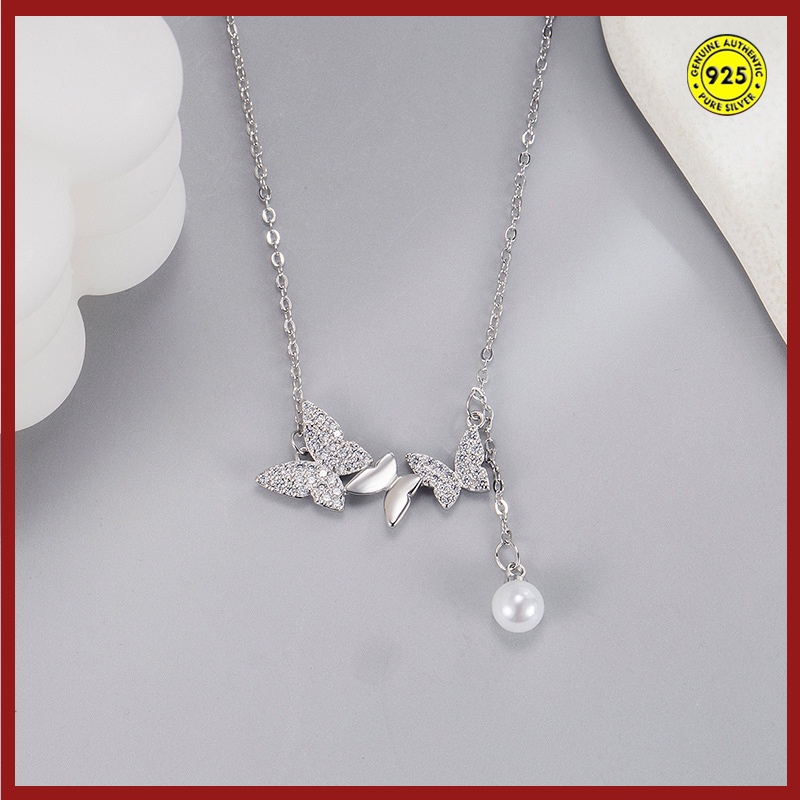 Kalung Rantai Sterling Silver 925 Dengan Liontin Kupu-Kupu + Mutiara + Berlian Untuk Wanita