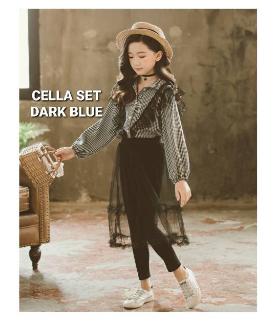 CELLA SET / SETELAN KEMEJA LENGAN PANJANG CELANA PANJANG ANAK CEWEK IMPORT KOREA MOTIF KOTAK