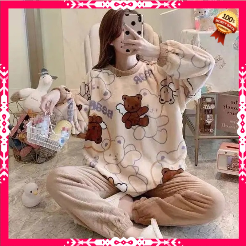 Piyama Wanita Import Premium Women Pajamas Kawaii Winter Home Suit Flannel Pijamas Sleepwear Loungew