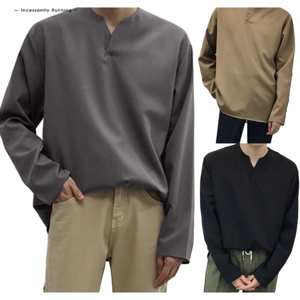  KEMEJA  V NECK PRIA  LENGAN PANJANG KEMEJA  OVERSIZE  KERAH 