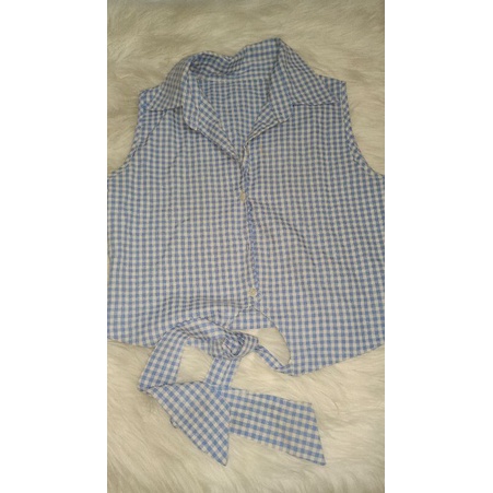 Preloved mantel rompi outer croppty kotak-kotak biru strip garis putih