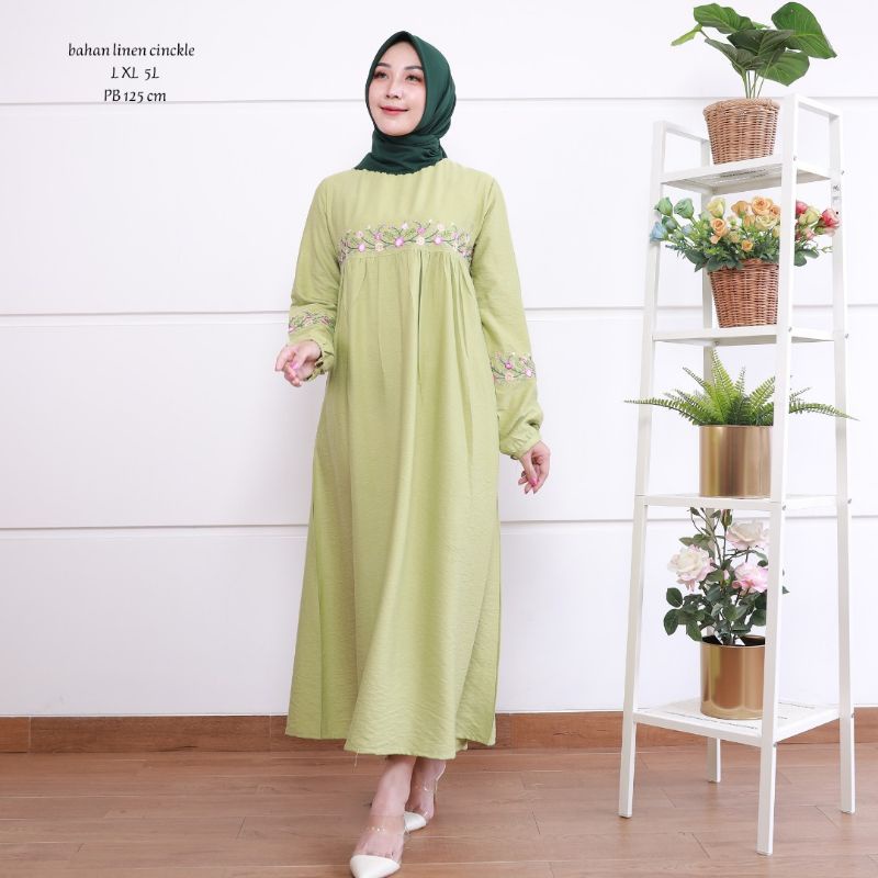 Zaja - Kanaya Midi Dress Bordir Cantik Matt Linen Cringkel Terbaru