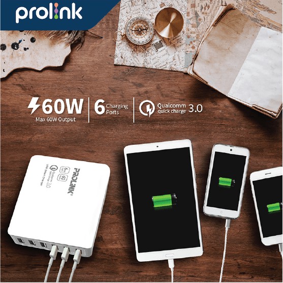 PROLiNK 60W 6 Port Desktop Quick Charger QC 3.0 USB Type A for iphone samsung android etc PDC66001