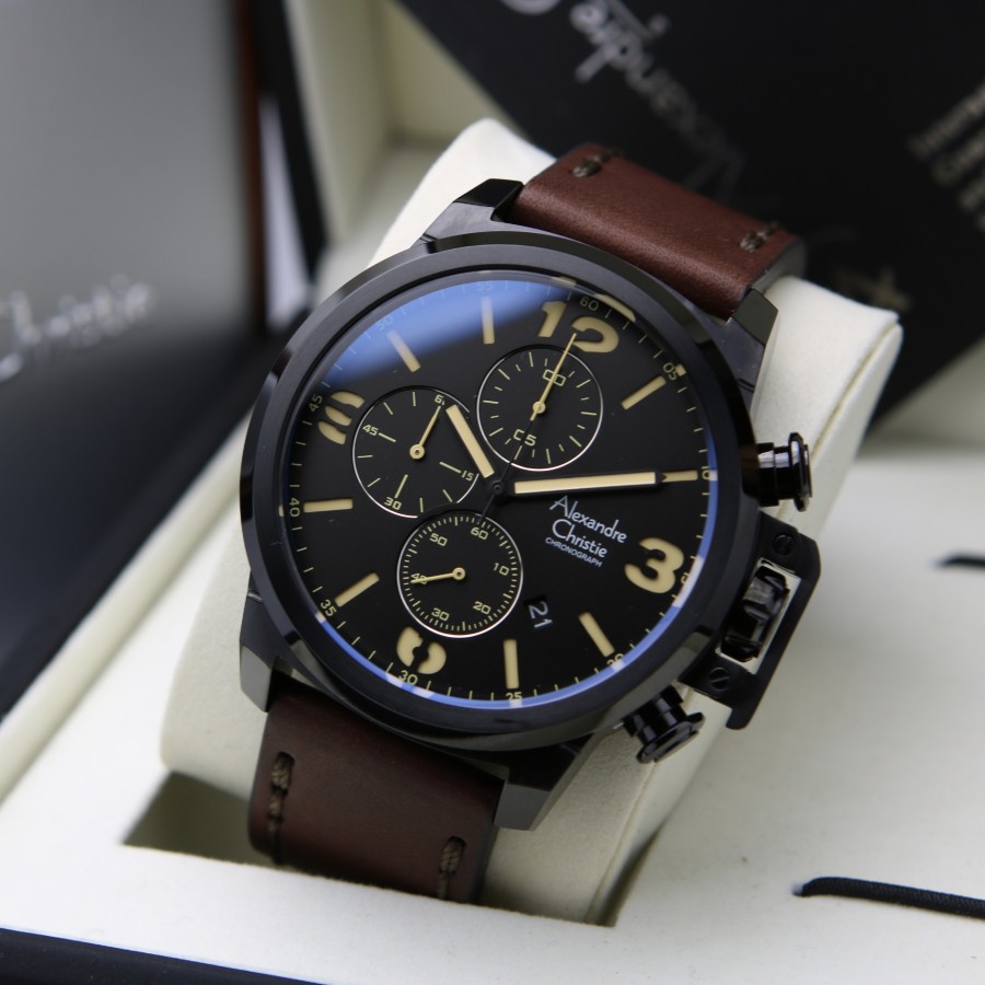 JAM TANGAN PRIA ALEXANDRE CHRISTIE AC 6280 / AC6280 FULL BLACK LEATHER BROWN ORIGINAL