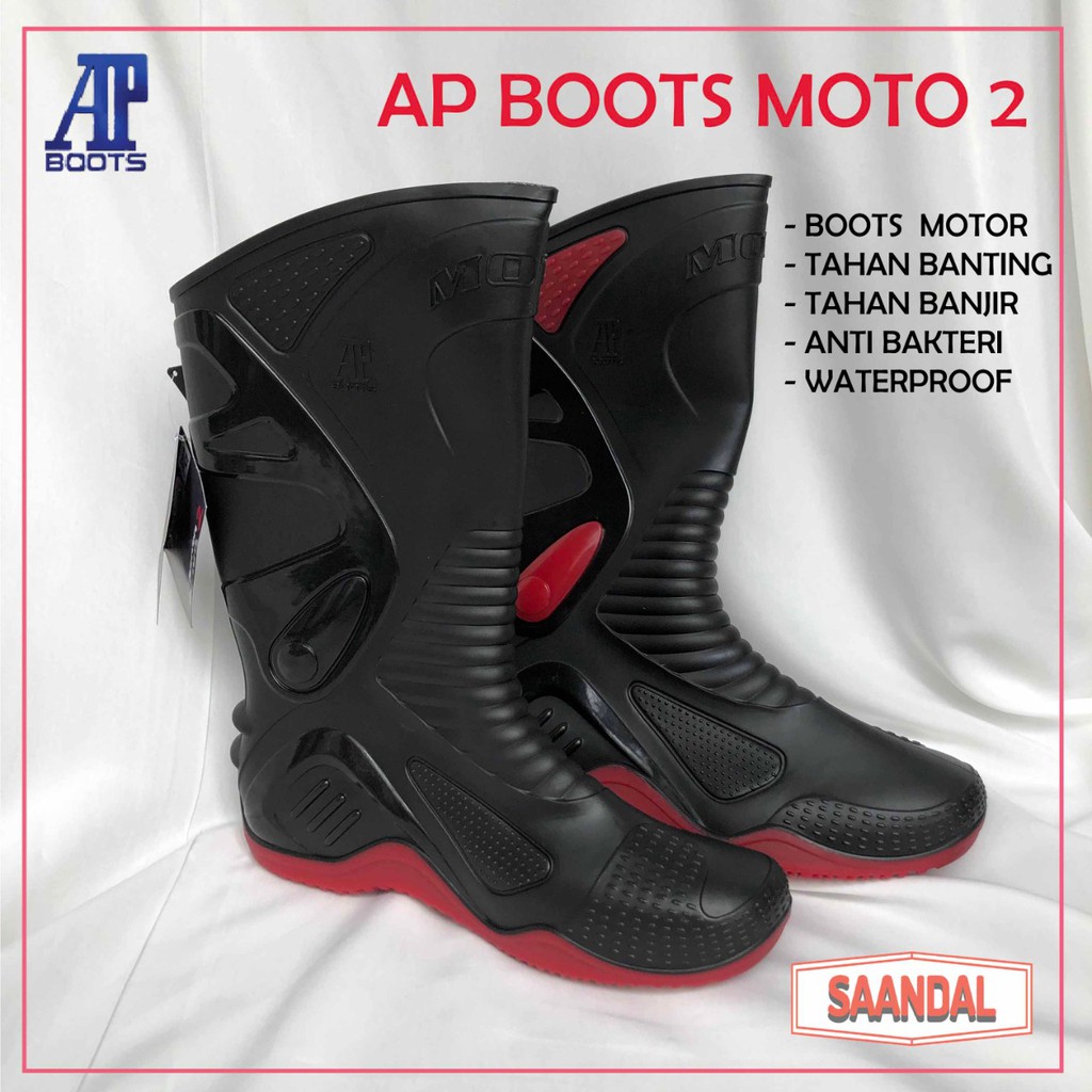 Sepatu Boots Tinggi Hitam Pria AP Boots Moto 2 Tahan Air, Tahan Minyak